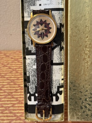 Watch with Aztec Indian Theme Dial - Genuine Leather Strap In Gold Box