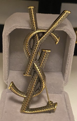 Yves Saint Laurent (YSL) Cassandre Brooch  textured monogram Gold Tone Gift