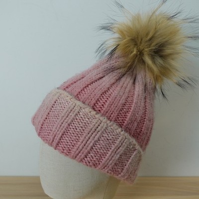 Pink Wool Beanie Womens DANA STEIN Racoon Fur Pom Pom Chunky Winter Ski Cuffed