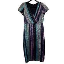 Badgley Mischka Multi Sequin Striped Dress Dress Women's Size 6 Party Event  NYE
