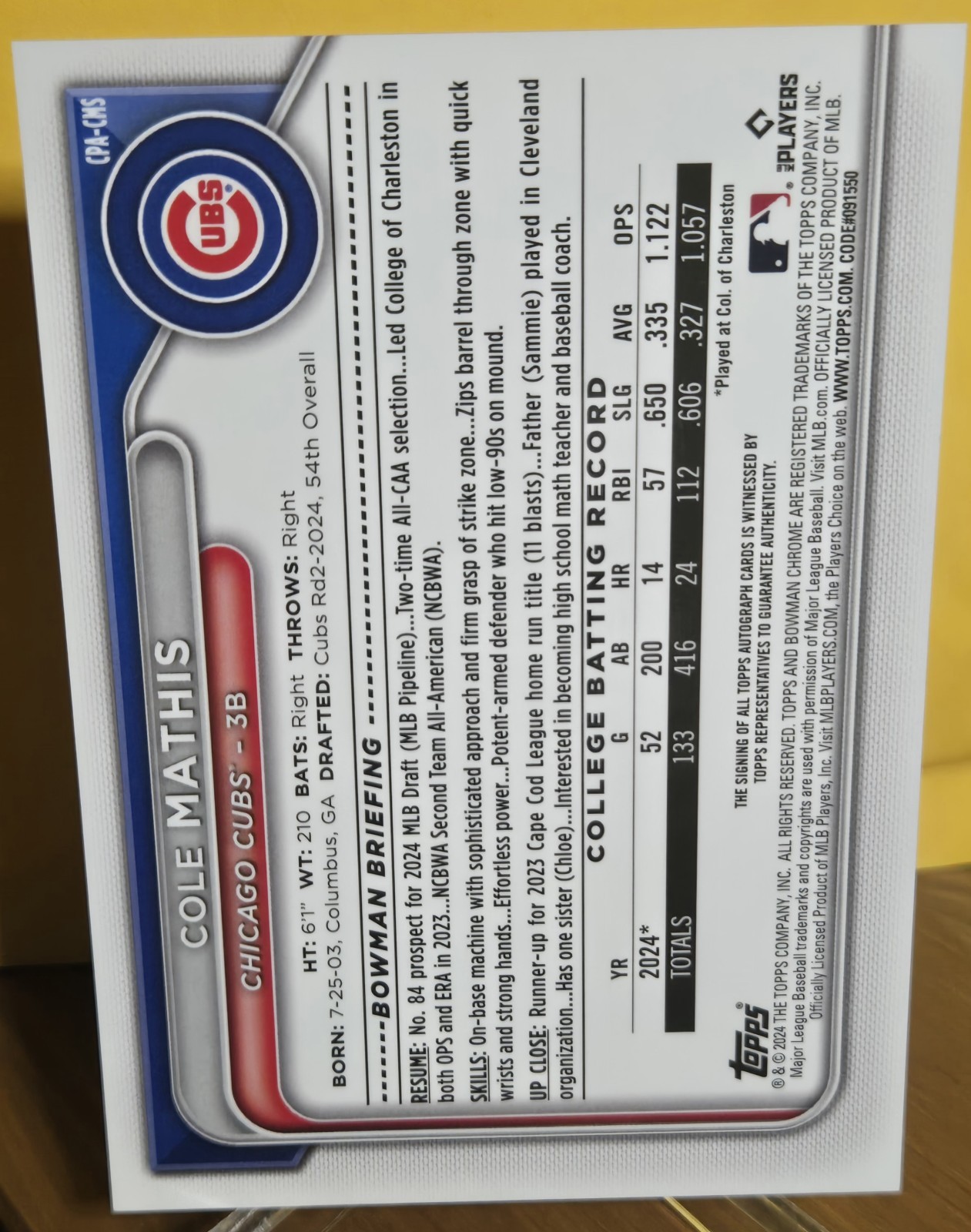 2024 Bowman Draft Chrome Cole Mathis Auto  New York  Mets  view 2