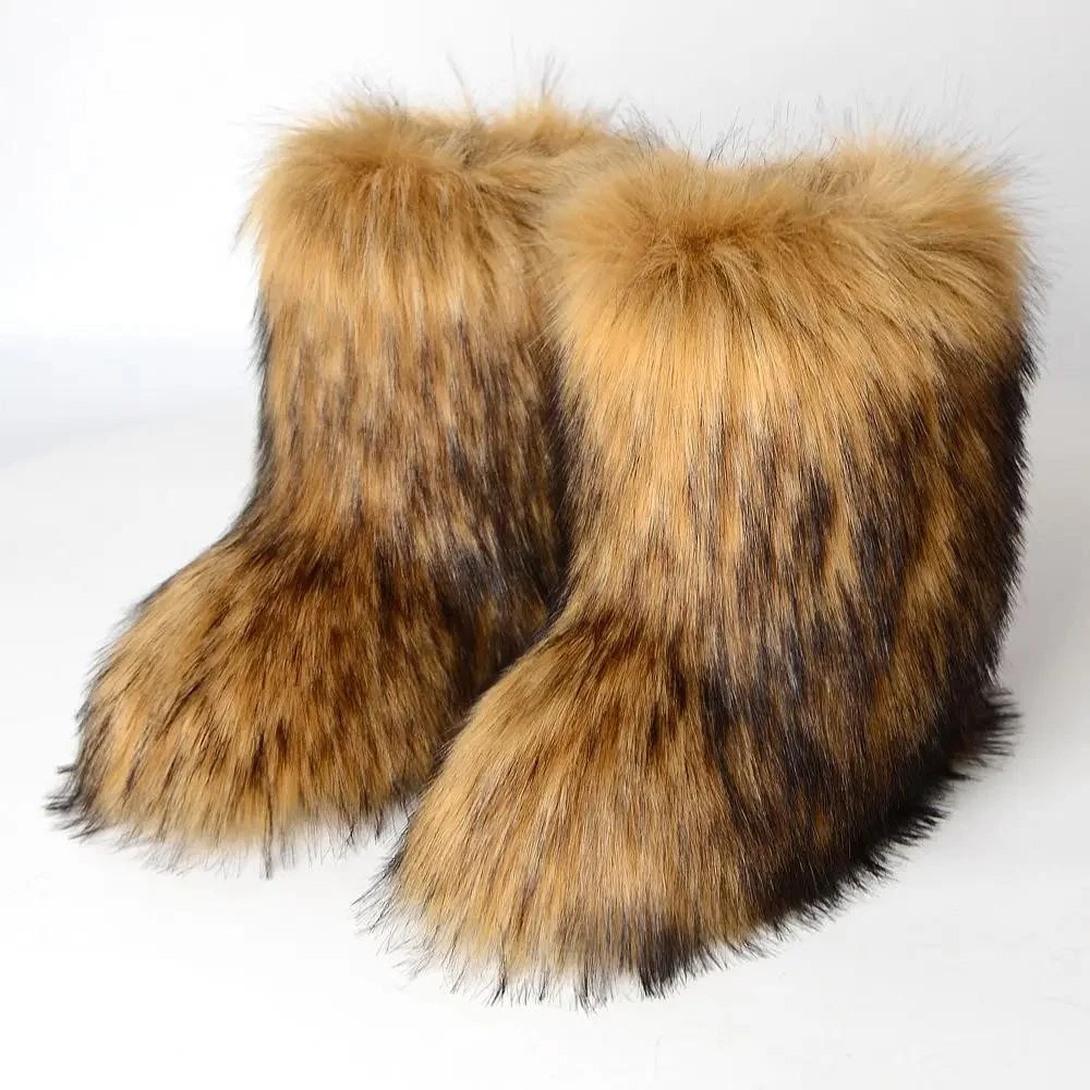 Faux Fur Boots for Women Fuzzy Fluffy Furry Round Toe Winter Snow Boots