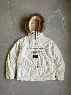 Napapijri Skidoo Women Acid Racoon Fur Hood Anorak Jacket Winter Size XL White
