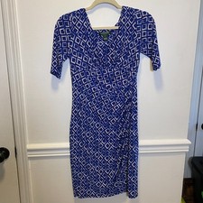 Ralph Lauren Blue White Geometric Print Dress Size 4 Ruched Jersey Knee Length