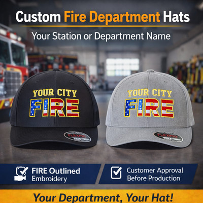 Custom Fire Department Embroidered Snapback & Flexfit Caps   40 Hat Color Option