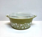 VTG PYREX 475-B GREEN SPRING BLOSSOM CRAZY DAISY 2.5 QT CASSEROLE DISH w/ LID