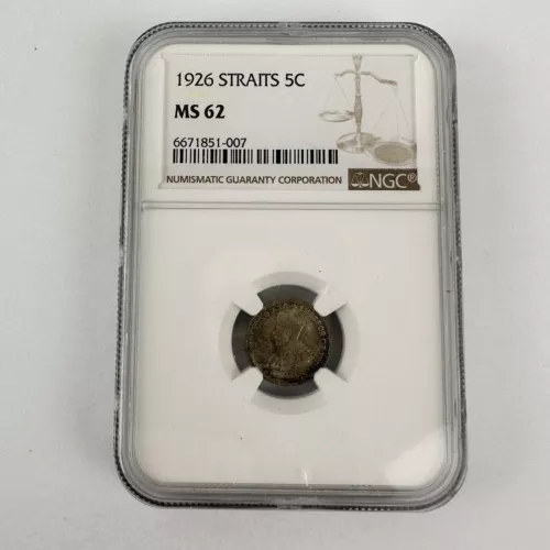 1926 Straits Settlements 5C 5 Cents MS62 NGC Graded