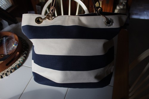 VTG TOMMY HILFIGER BLUE & NATURAL STRIPED NAUTICAL THEME ANCHOR CANVAS TOTE BAG - Picture 5 of 9