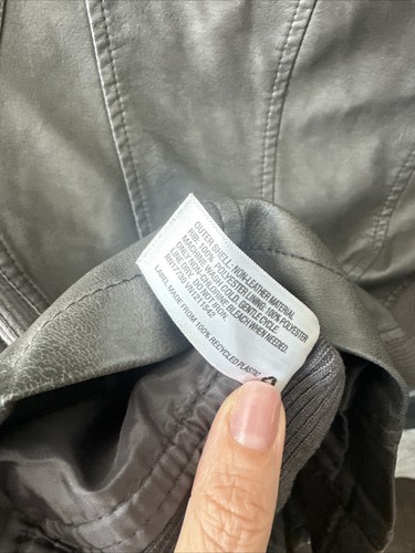 Sz Small Faux Leather Gray Moto Biker Jacket Coat Full Zip Pockets Stretch Sides - Picture 9 of 11