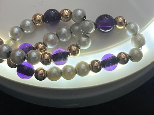 14k Gold Pearl Amethyst Bracelet Light Blue Purpl 14ct Yellow Gold Beads 7.5” - Picture 10 of 13