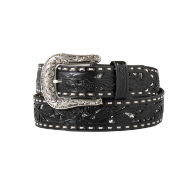 New! Women's Nocona BLACK LEATHER FLORAL EMBOSSED BELT w/ Silver buckle  SIZES!
