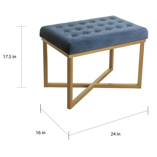 Rectangular Ottoman with Midnight Velvet Tufted Cushion and Gold Metal X Base - Picture 3 of 4