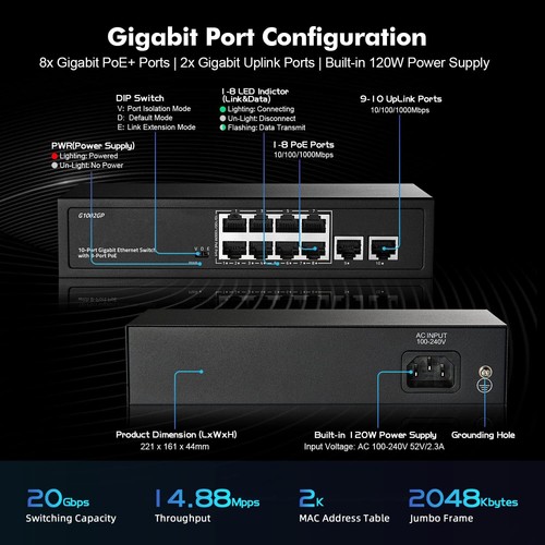 10 Port Gigabit PoE Switch 8 Port PoE+ and 2 Uplink 10/100/1000Mbps IEEE802.3... - Photo 3/7