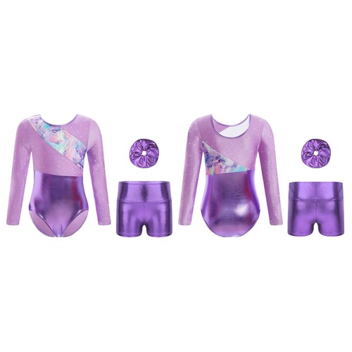 Kids Girls Jumpsuit Patchwork Dance Outfit Hair Band Rompers Ballet Ballerina - Picture 39 of 57