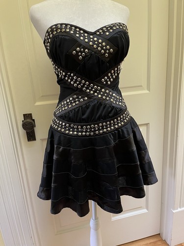 New Bebe Studded Corset Mini T Black Dress Goth Punk Rock anime $169 XS Sexy - Picture 13 of 15
