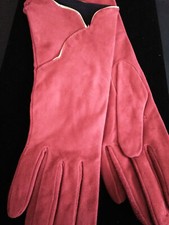 Retro Early 80's Anne Klein Red Butter Suede Gloves W/ Gold Lame' Trim