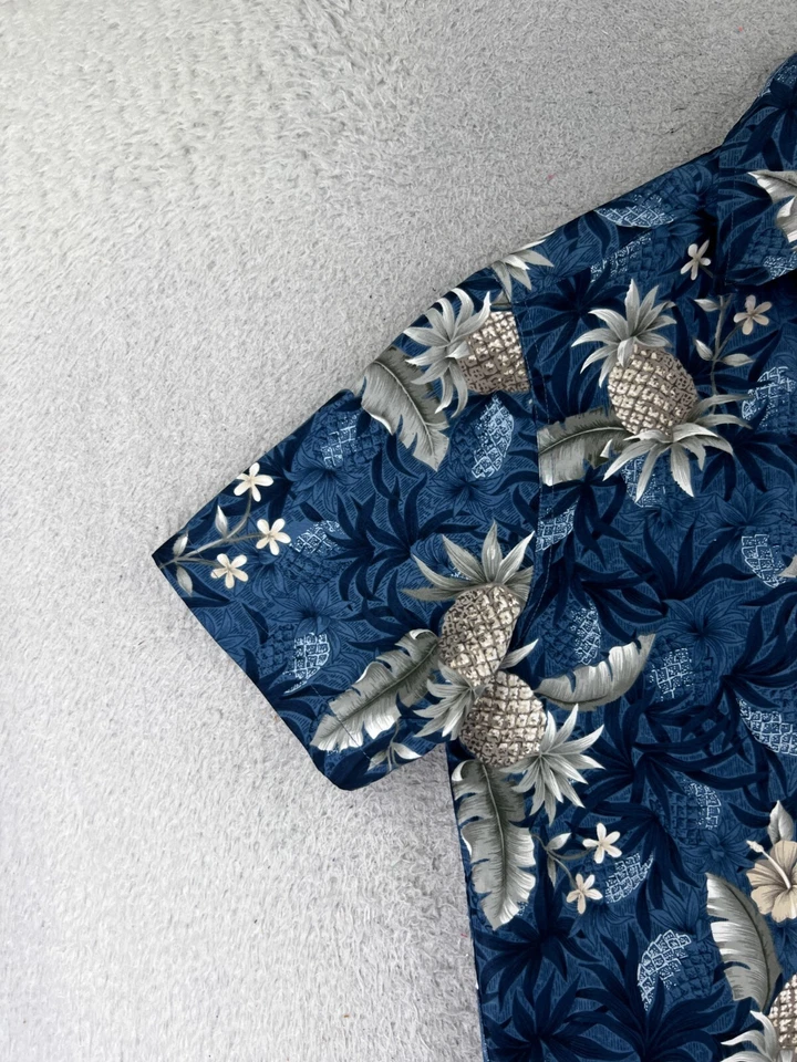 Coastal Shirt Men Medium Blue Floral Pineapple 100% Polyester Button Hawaiian - Image 3 of 4