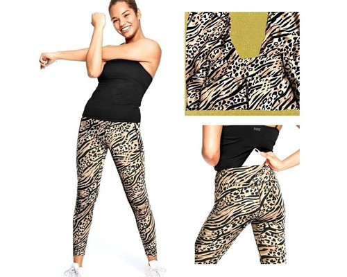 Victorias Secret Pink Sport Leggings Large Logo Leopard Print Cheetah Print Yoga - Picture 2 of 12