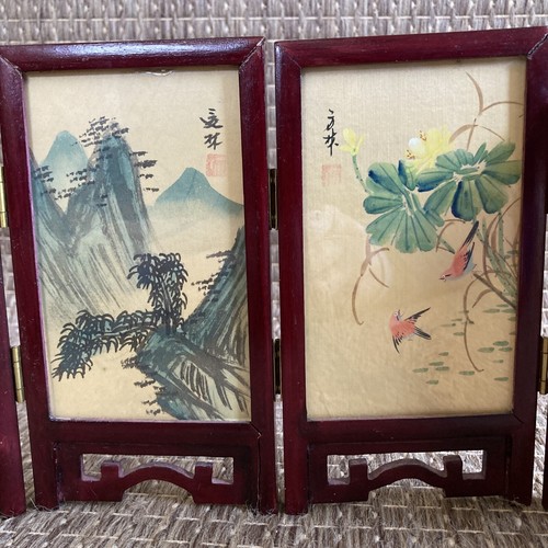 Japanese SMALL 4 Panel Folding Screen Birds Mountains Tabletop Double Sided - 第 7/18 張圖片