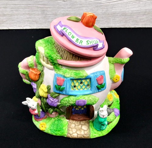 Vintage Easter Jubilee Tea Pot Village House Flower Shop Bunny Cottage 90s KMART - Picture 2 of 13