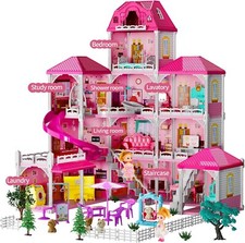 Dolls House for Girls Toys, 4 Stories Dollshouse with 2 Princesses 12 Rooms