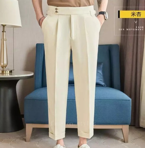 Men GURKHA Pants Casual Linen Pants Retro Business High Waist Ninth Suit Trouser - Bild 15 von 28
