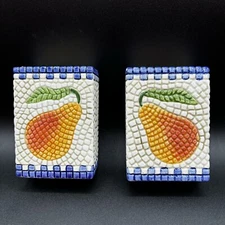 Vintage Clay Art Tile Mosaic W/ Pear Salt/Pepper Shakers Signed Farmhouse Decor