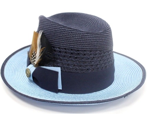 Hombre Bruno Capelo Fedora 100% Poli Trenza Azul Marino y Azul Claro Habana HA-526 - Imagen 5 de 9