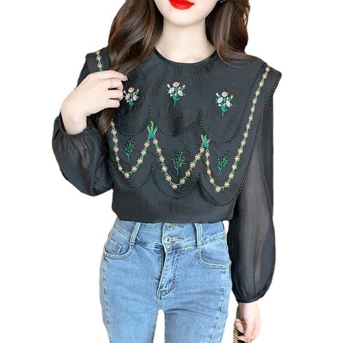 Otoño Mujeres Mangas Largas Cuello Redondo Cuello Blusa Bordado Chifón Camisa Prenda para el torso - Imagen 5 de 9