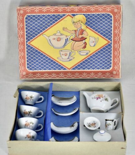 VINTAGE CERAMIC MINIATURE CHILDS DOLLS TEA SET - BOXED - Picture 1 of 7