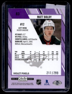 2023-24 O-Pee-Chee Platinum Violet Pixels Matt Boldy 217/299 2023-24 O-Pee-Chee Platinum Violet Pixels Matt Boldy 217/299