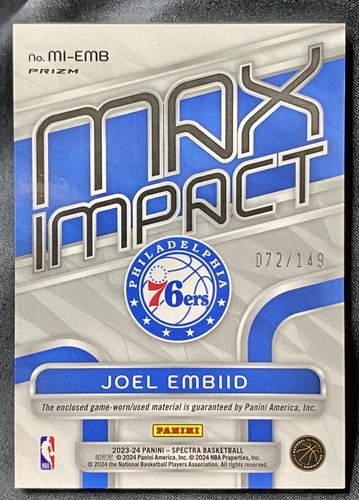 2023-24 Spectra JOEL EMBIID /149 Silver PRIZM Max Impact GAME WORN/Used Patch NM - Picture 3 of 7