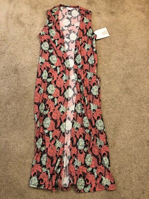 New LULAROE Women's ''Joy'' Green Red Floral Lightweight Full Length Vest Size XS
