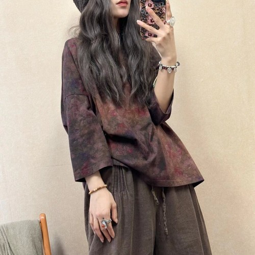 Damen-Shirt chinesischer Stil Blumenmuster V-Ausschnitt locker lange Ärmel geknöpft Freizeitoberteile - Bild 29 von 29