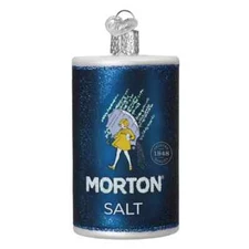 Old World Christmas MORTON SALT CANNISTER (32605) Glass Ornament w/OWC Box