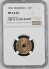 Rhodesia 1/2 Penny 1955 NGC MS 64 RB