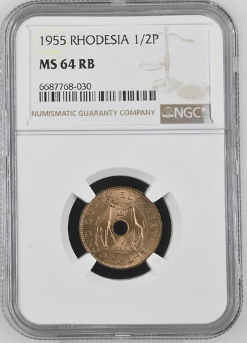 Rhodesia 1/2 Penny 1955 NGC MS 64 RB