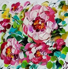 original oil painting Rose Peony pink flowers impasto artwork Floral art 6*6 in
