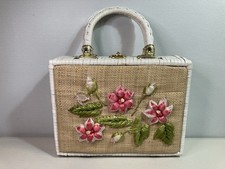Vintage 1950s Simon Box Purse Wicker Embroidered Flowers Floral Woven Hong Kong