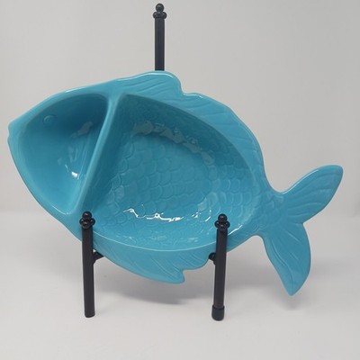 Dennis East International DEI Fish Shaped Divided Bowl Aqua/Teal Chip & Dip READ