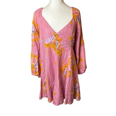 NWT Free People Francesca Floral Puff Long Sleeves Mini Dress Rose Pink Size Med