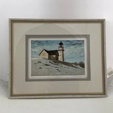 “Lighthouse” Signed Print No. 11/350 Watercolor In Glass Frame