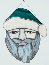 Stained Glass Santa Clause Face Green Hat Suncatcher 9 x 7  