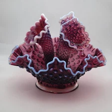 Vintage Fenton Plum Opalescent Hobnail 3 Horn 8" Epergne Exc Condition