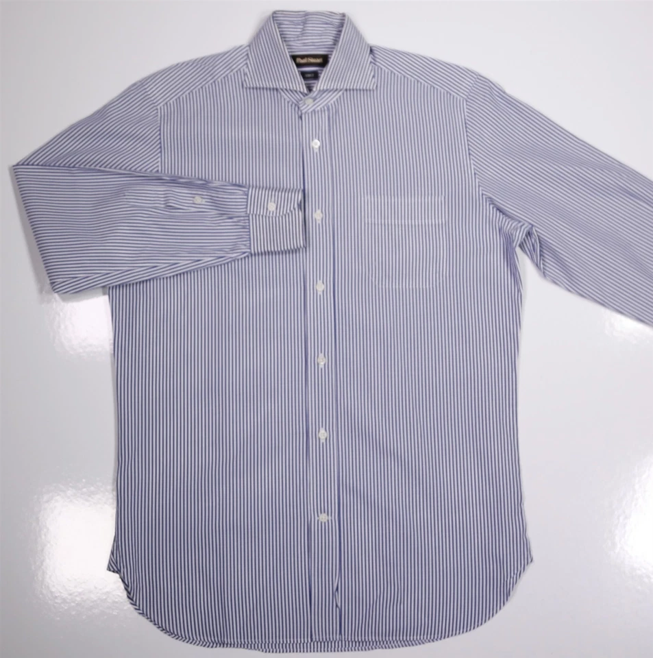 Paul Stuart Blue White Striped Cotton Slim Fit Dress Shirt (39) 15.5-32 - Image 2 of 4