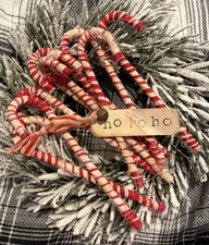 10 Primitive Rag Fabric Wrapped Candy Canes Christmas Ornaments Red White Grubby