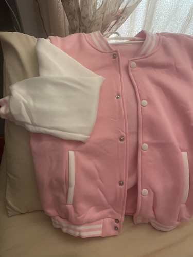 Kids Girls Baseball Baby Pink Jacket Varsity Style Plain School Jacket Top 5-1 - Picture 7 of 8