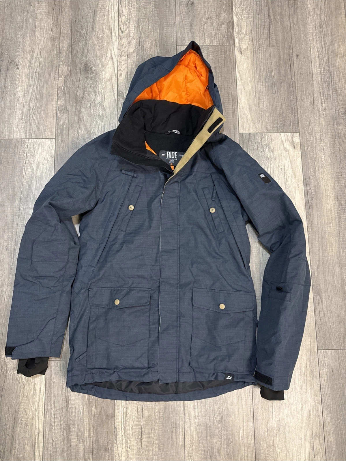 RIDE Snowboards Men's Snow Jacket Navy With Orange Accents Pockets Size Small