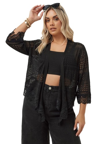 Yours Curve Women's Plus Size Crochet Trim Waterfall Cardigan - Picture 6 of 13