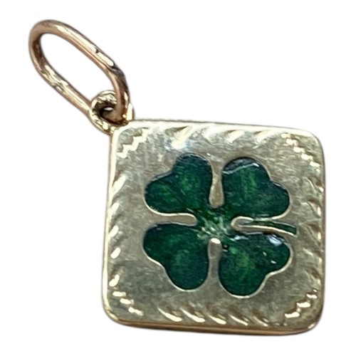 Antique 14K Yellow Gold Enamel Four Leaf Clover Charm Pendant - Picture 6 of 9